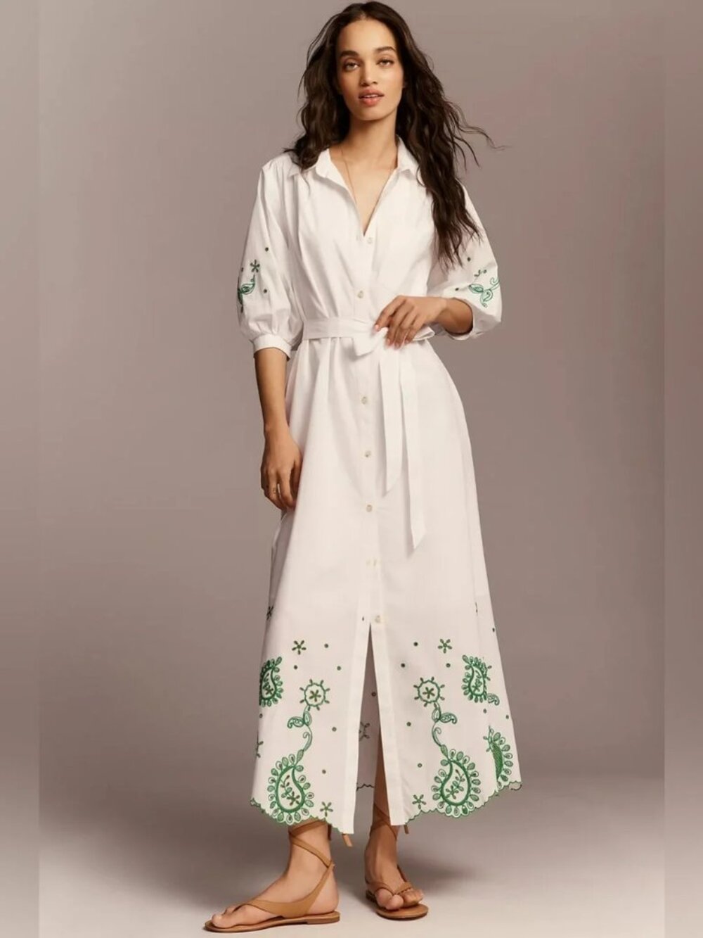 Anthropologie White Maxi Shirt Dress with Green Embroidered Hem